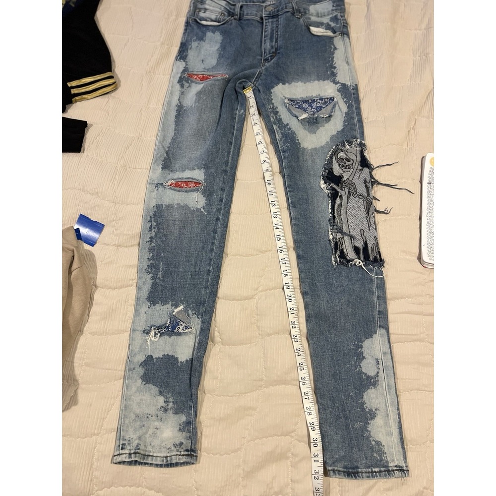 Mnml Women's Blue Jeans Size 32 With patch Work And Grim Reaper Embroidery